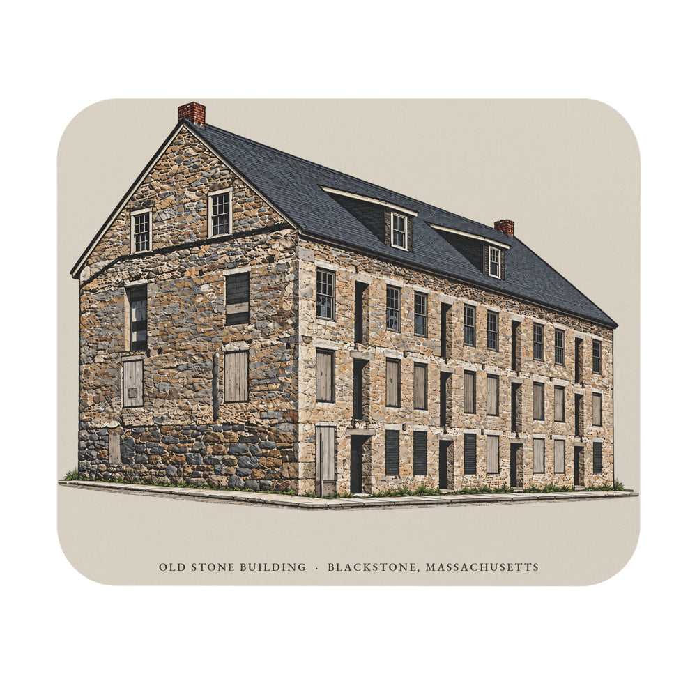 Blackstone Old Stone Building mouse pad mockup showing the full illustrated print