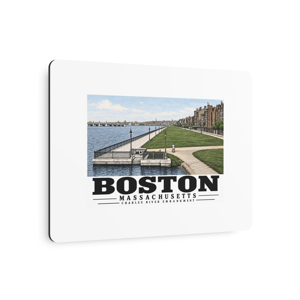 Angled view of Charles River Embankment riverside path, lawn and buildings metal print with its dark edge visible