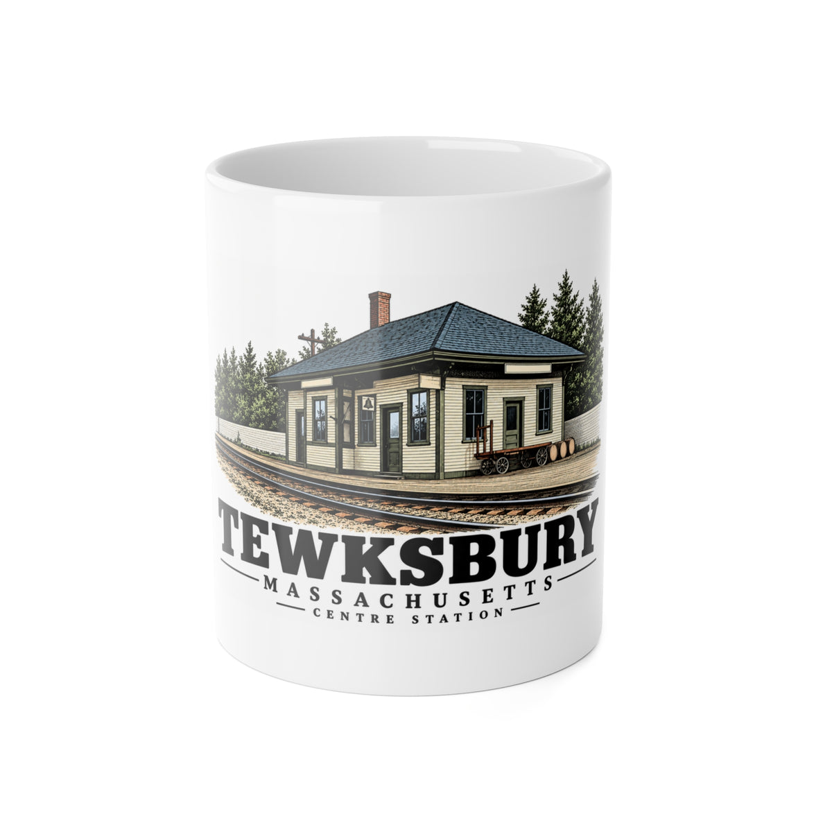 Front of Centre Station white ceramic mug, Tewksbury, Massachusetts.