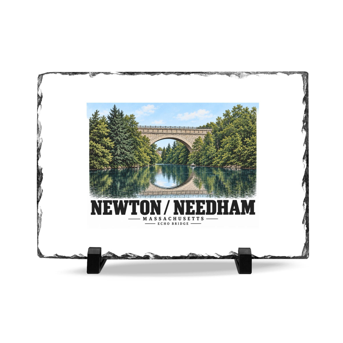Slate plaque with Echo Bridge artwork and Newton/Needham lettering, a rough dark border and two supports