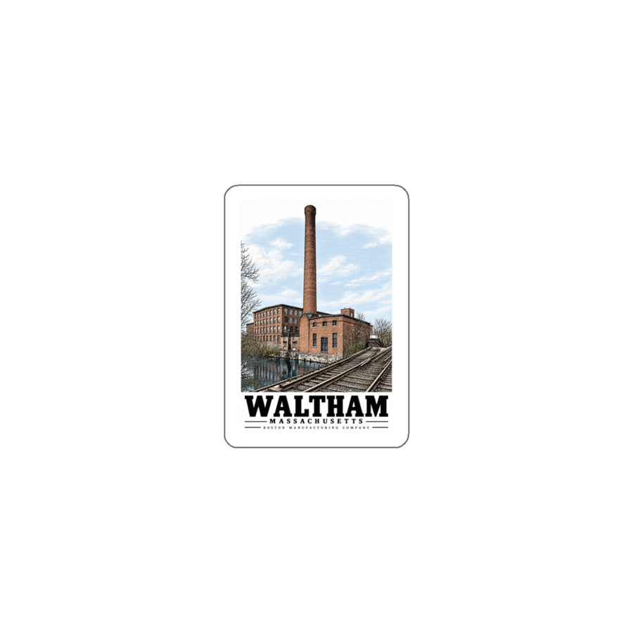 Illustrated Boston Manufacturing Company in Waltham on die-cut sticker