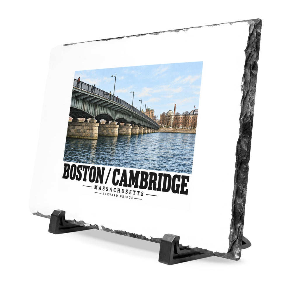 Angled slate plaque with Harvard Bridge artwork and Boston/Cambridge lettering, a rough edge and two supports
