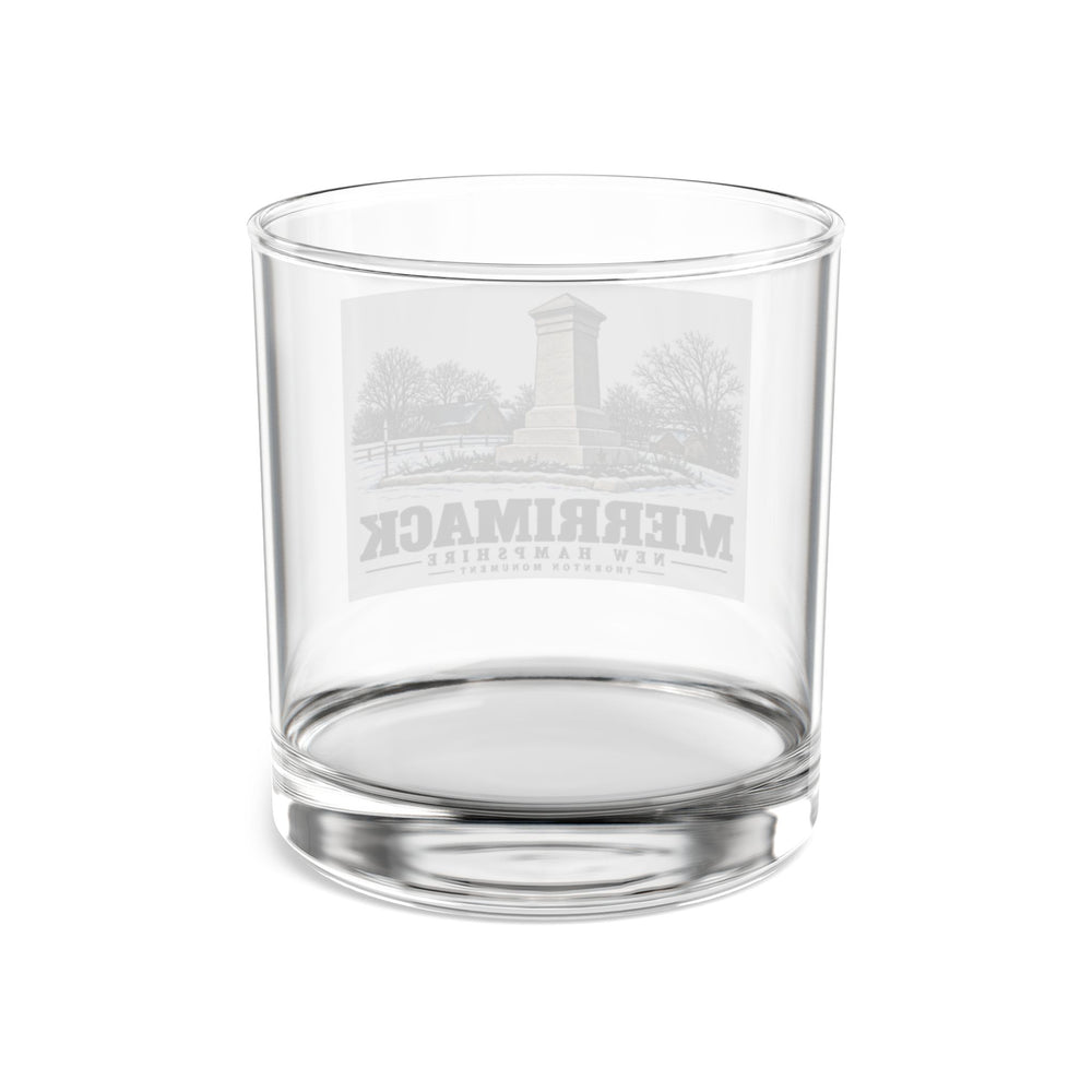 Transparent reverse of Thornton Monument rocks glass, with Merrimack, New Hampshire artwork and lettering.