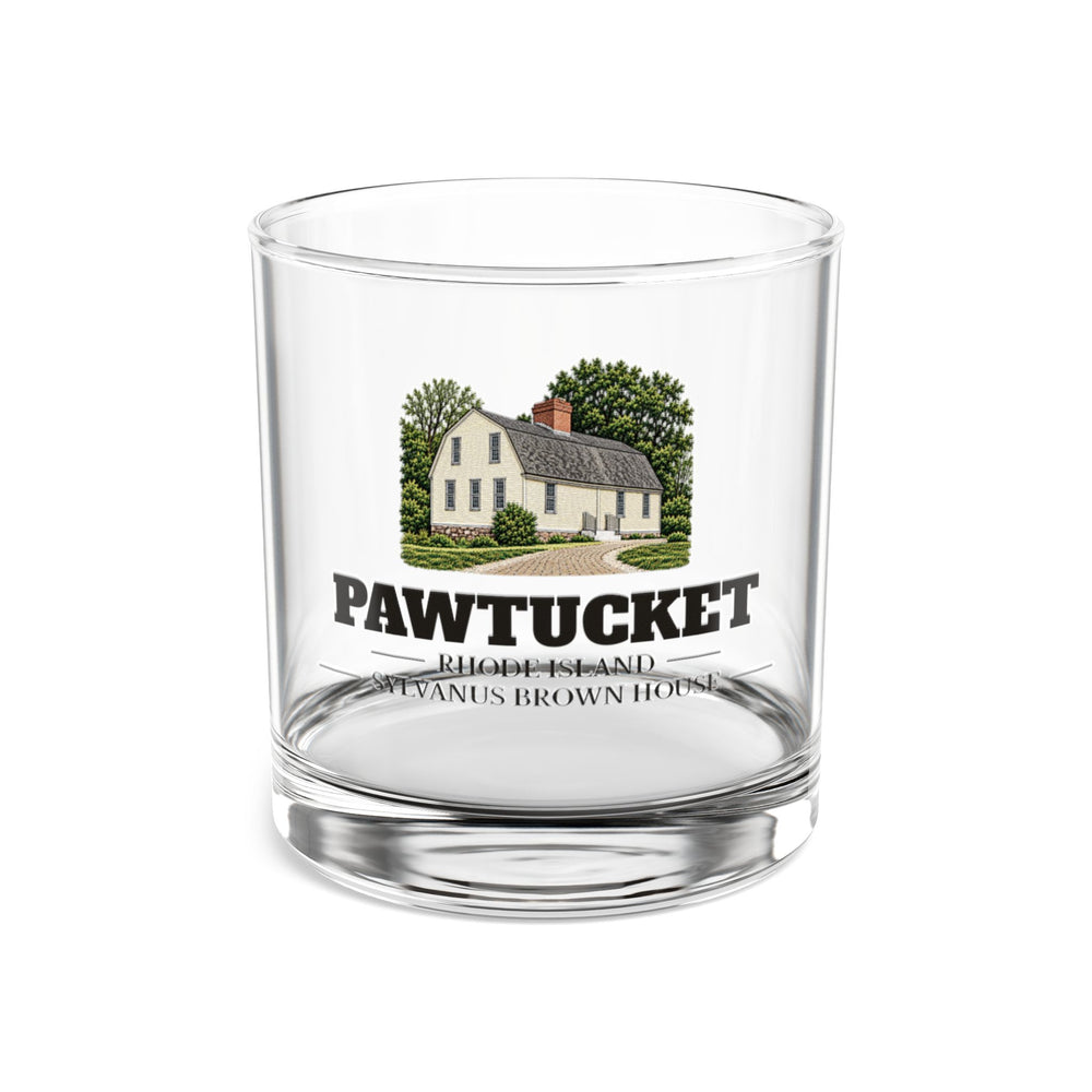 Front view of the Pawtucket Sylvanus Brown House artwork printed on a clear 10 oz rocks glass