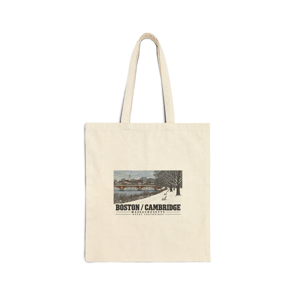 Natural fabric tote with Weeks Footbridge winter riverbank view with snow and benches artwork and Boston/Cambridge lettering