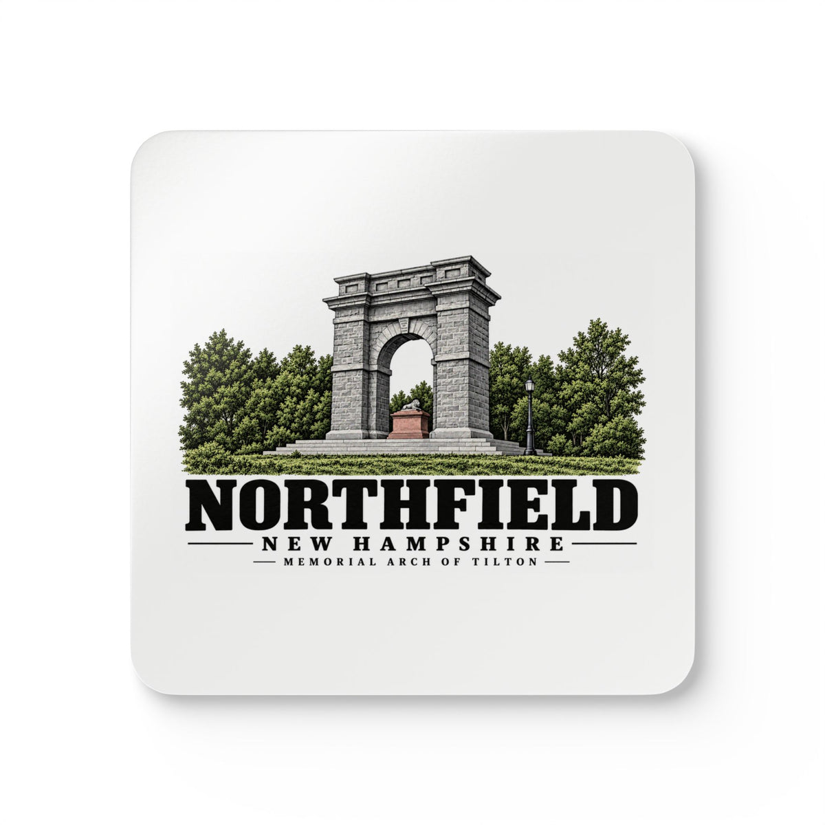 Front of Memorial Arch of Tilton square cork-backed coaster set, Northfield, New Hampshire.
