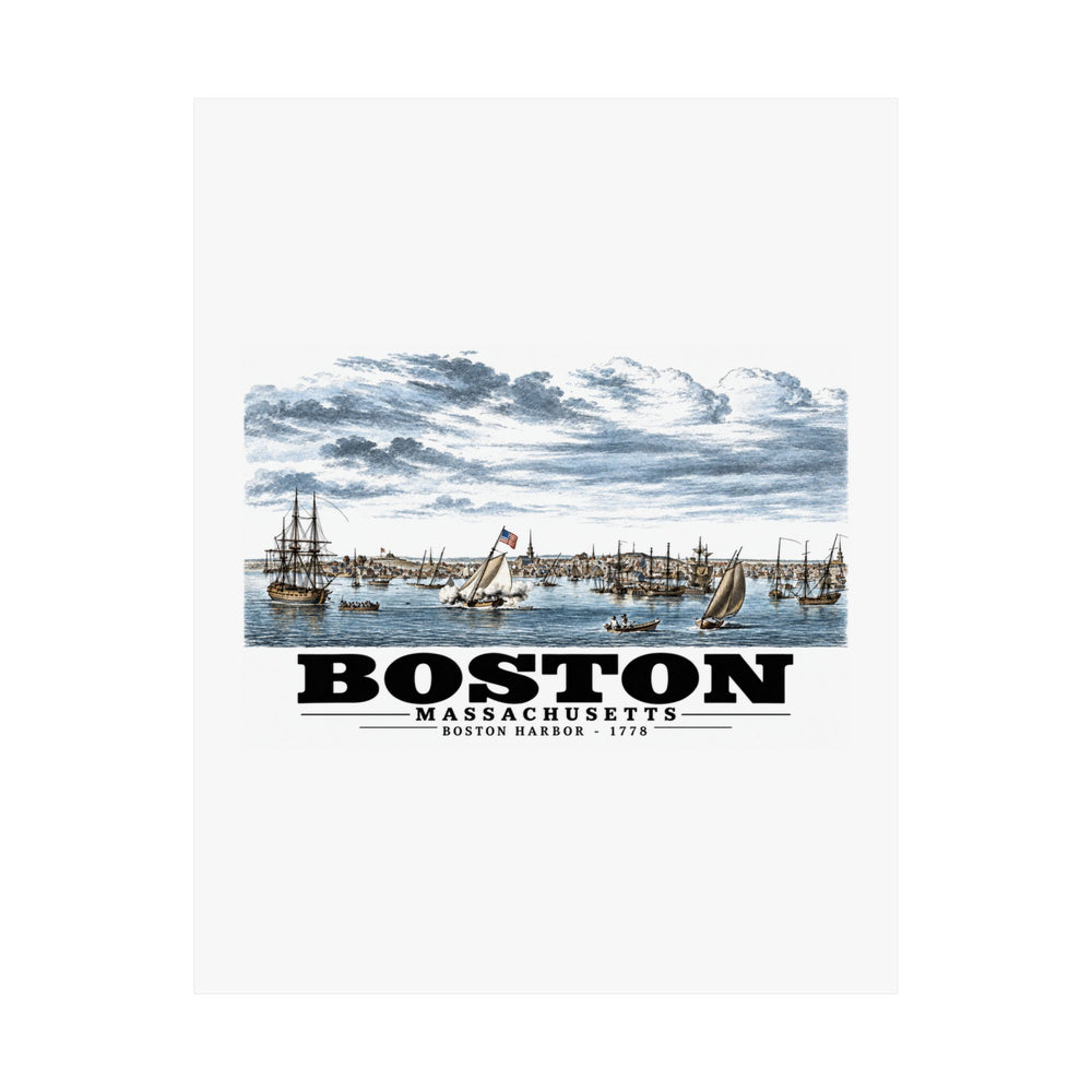 Flat Boston Harbor waterfront scene with sailing ships poster with Boston lettering
