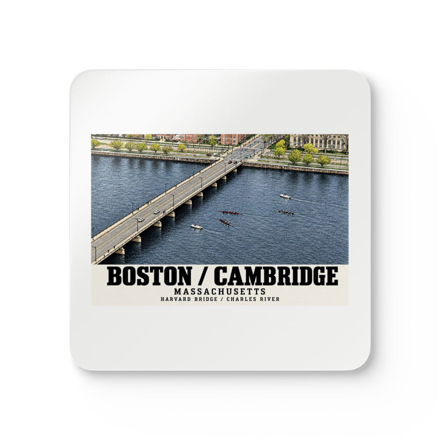 White square coaster showing Harvard Bridge aerial view with scullers on the Charles River artwork and Boston/Cambridge lettering