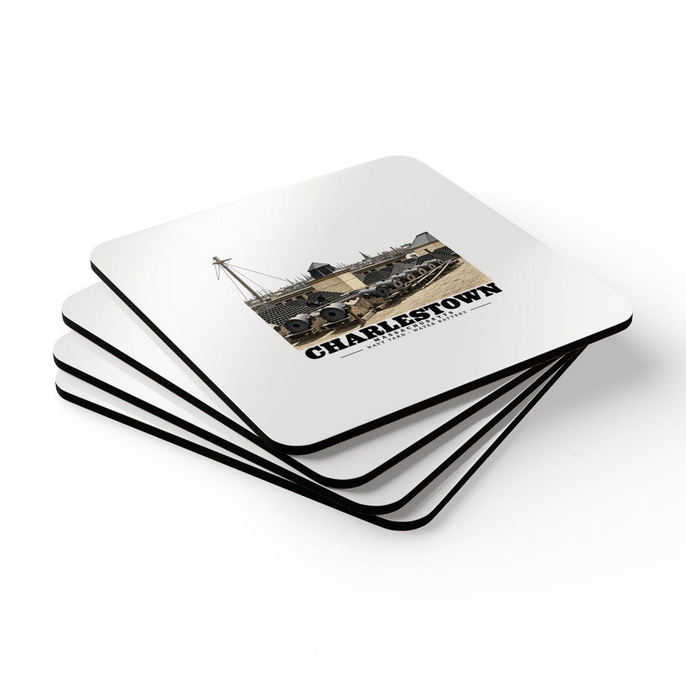 Stack of four square coasters showing Water Battery artwork on top