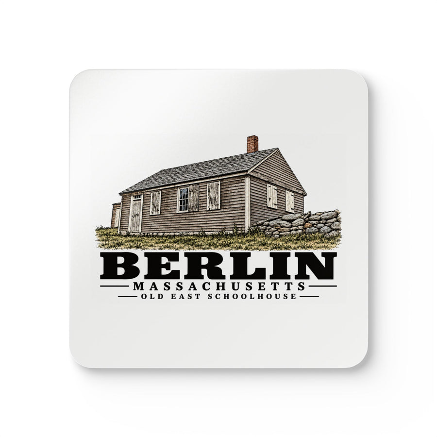 Illustrated Old East Schoolhouse in Berlin on corkwood coaster set