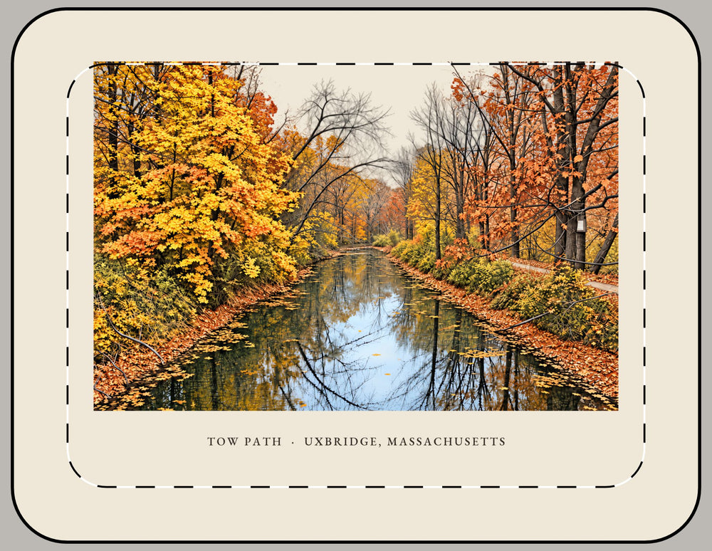 Uxbridge Tow Path 15-inch laptop sleeve mockup showing the full illustrated print