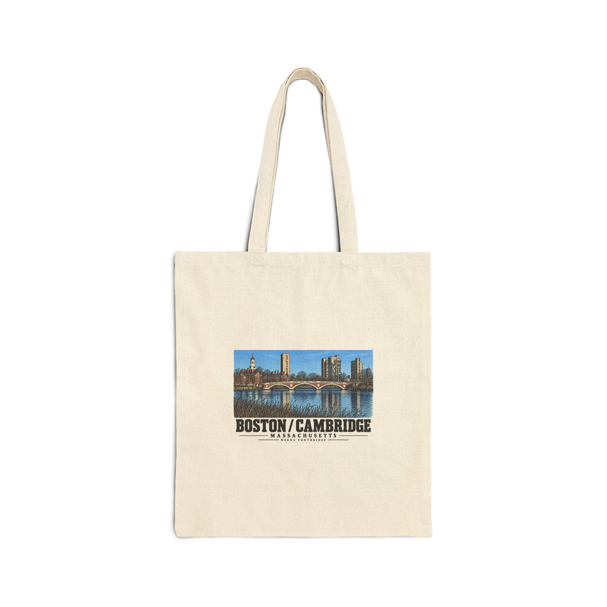 Natural fabric tote with Weeks Footbridge stone arches and riverside towers artwork and Boston/Cambridge lettering