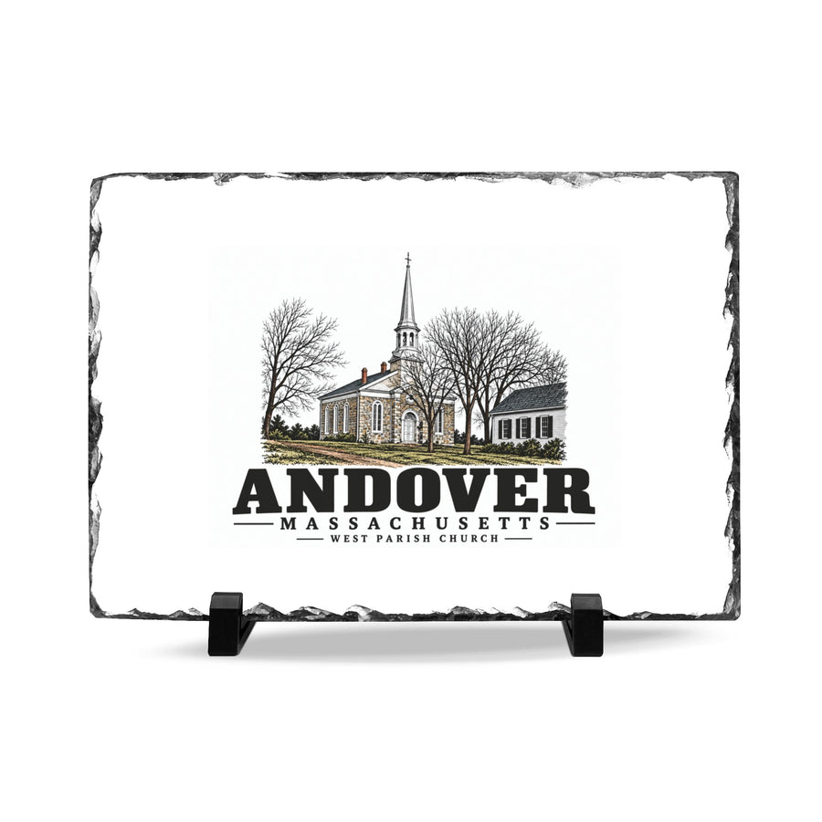 Front on display stands of West Parish Church slate desk plaque, with Andover, Massachusetts artwork and lettering.