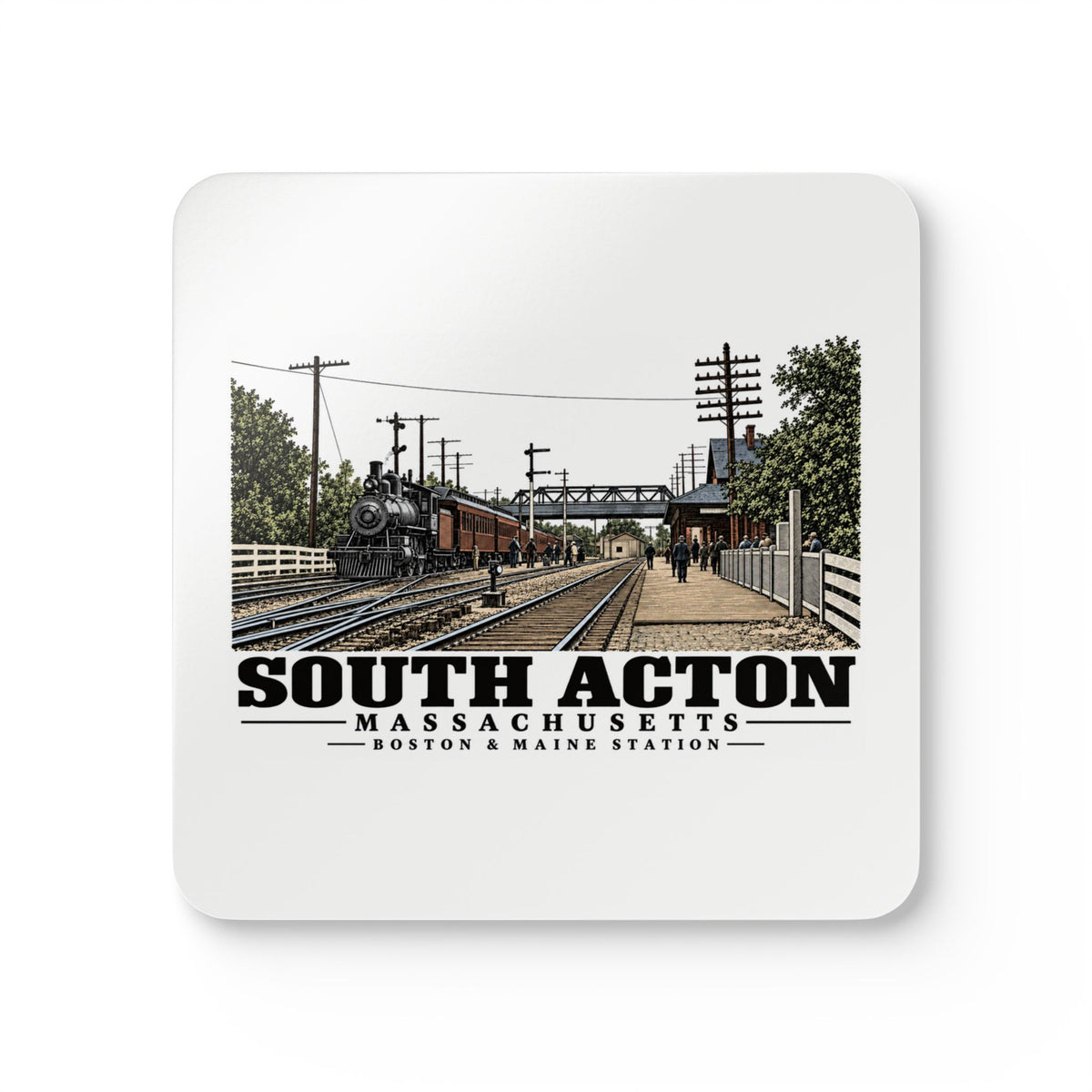 Illustrated Boston & Maine Station in South Acton on corkwood coaster set