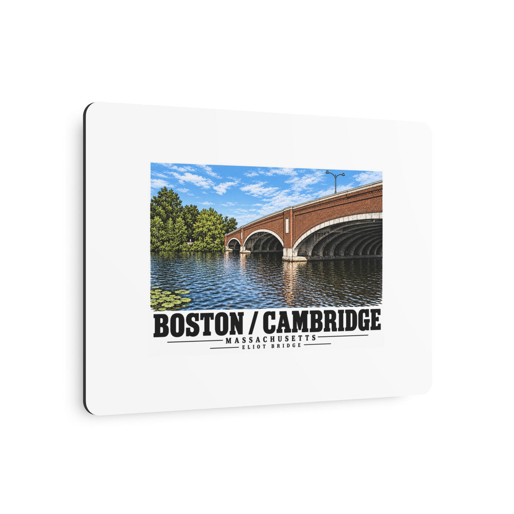 Angled view of Eliot Bridge close red brick arch view metal print with its dark edge visible