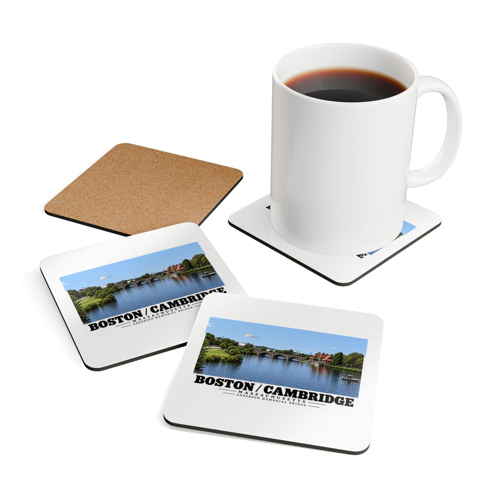 Coasters showing Anderson Memorial Bridge distant river view artwork beside a plain white mug of coffee and a coaster's cork reverse