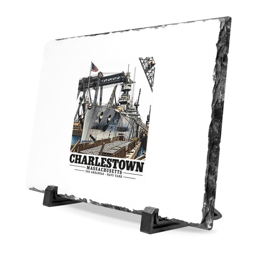 Illustrated USS Arkansas at Boston Navy Yard in Charlestown on slate desk plaque