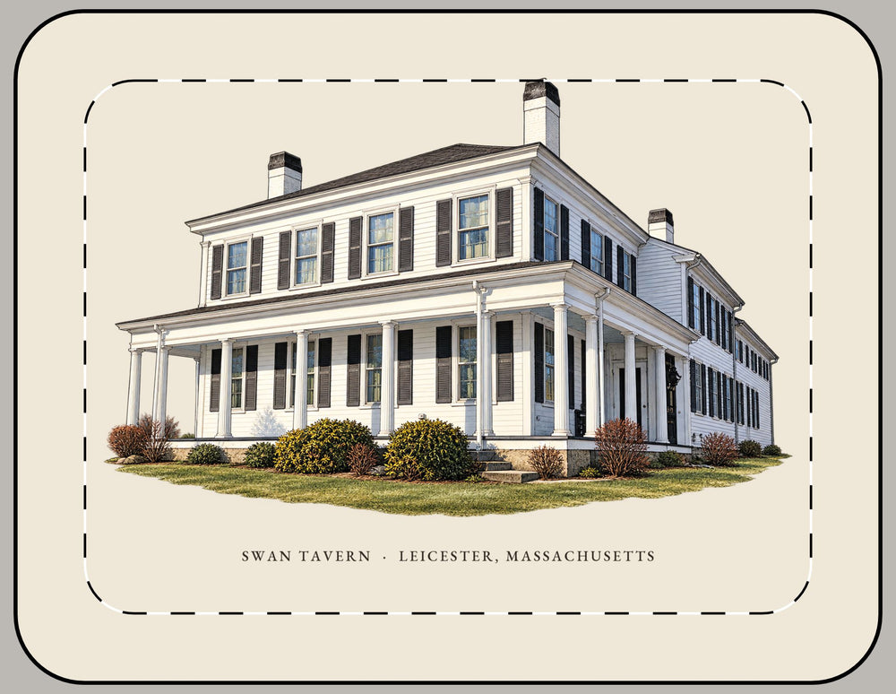 Leicester Swan Tavern 15-inch laptop sleeve mockup showing the full illustrated print