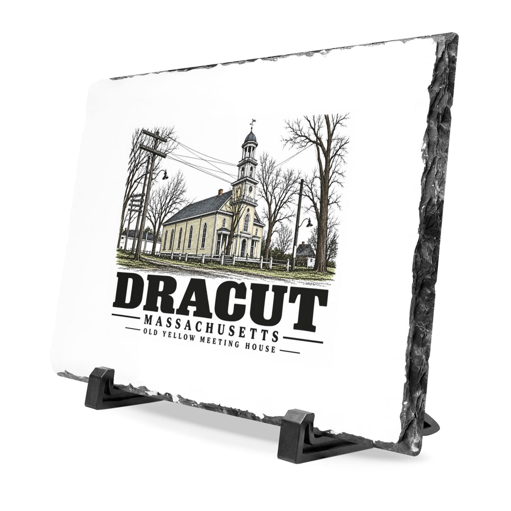 Illustrated Old Yellow Meeting House in Dracut on slate desk plaque