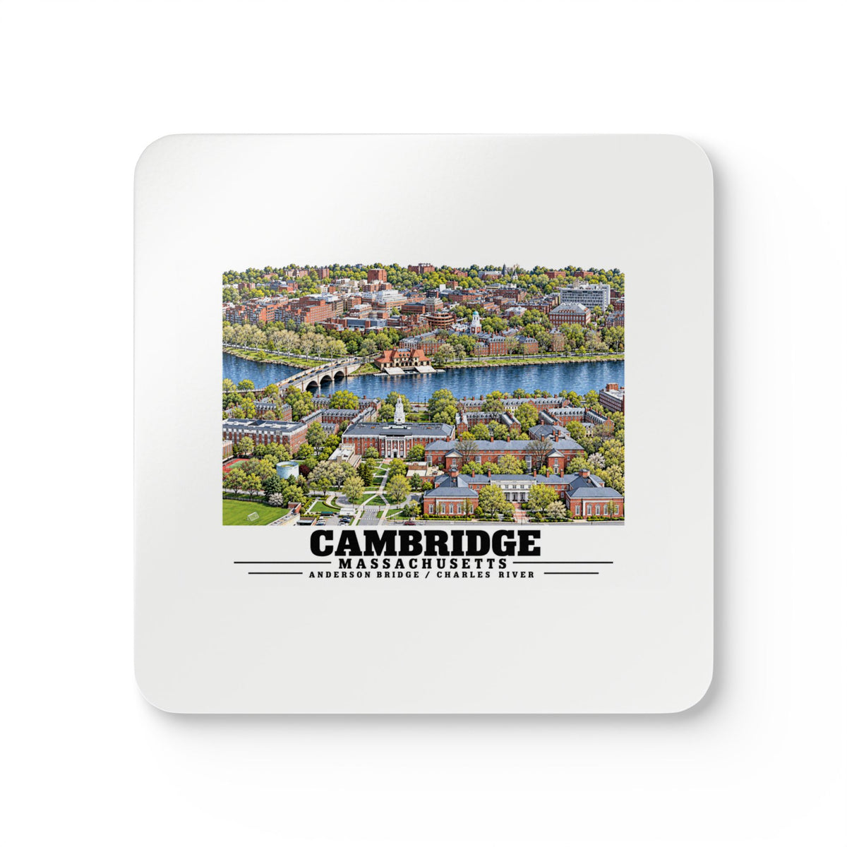 Illustrated Aerial view of Cambridge with Charles River past Harvard University in Cambridge and Boston on corkwood coaster set