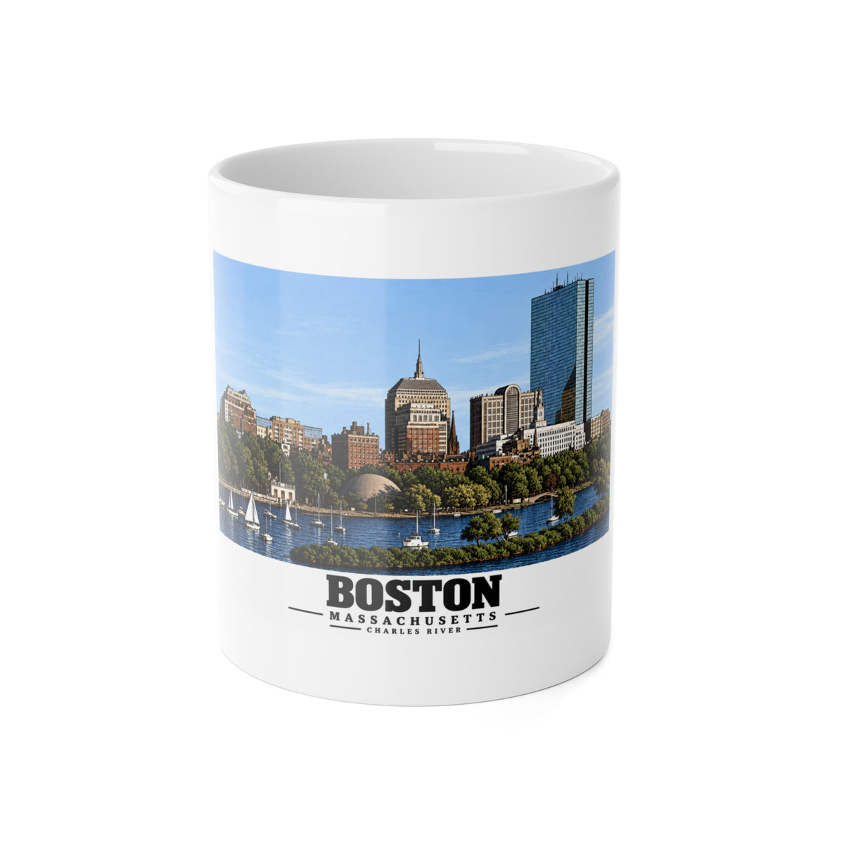 Illustrated St. Charles River view of Boston, Massachusetts in Boston and Cambridge on ceramic mug