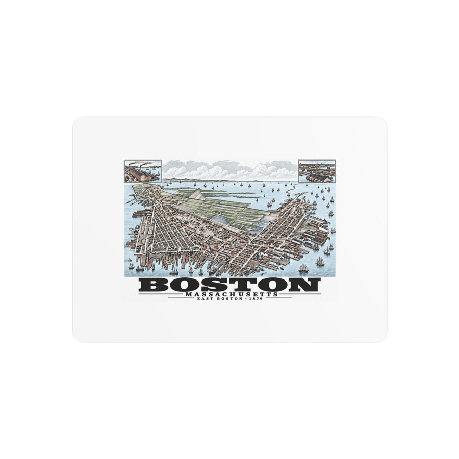Metal wall print showing East Boston bird-eye city and harbor panorama with inset views artwork and Boston lettering