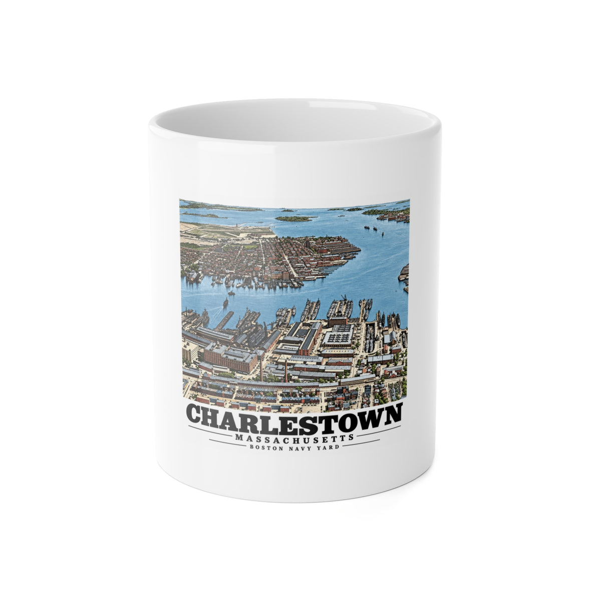 Illustrated Charlestown Navy Yard from the Harbor in Charlestown on ceramic mug