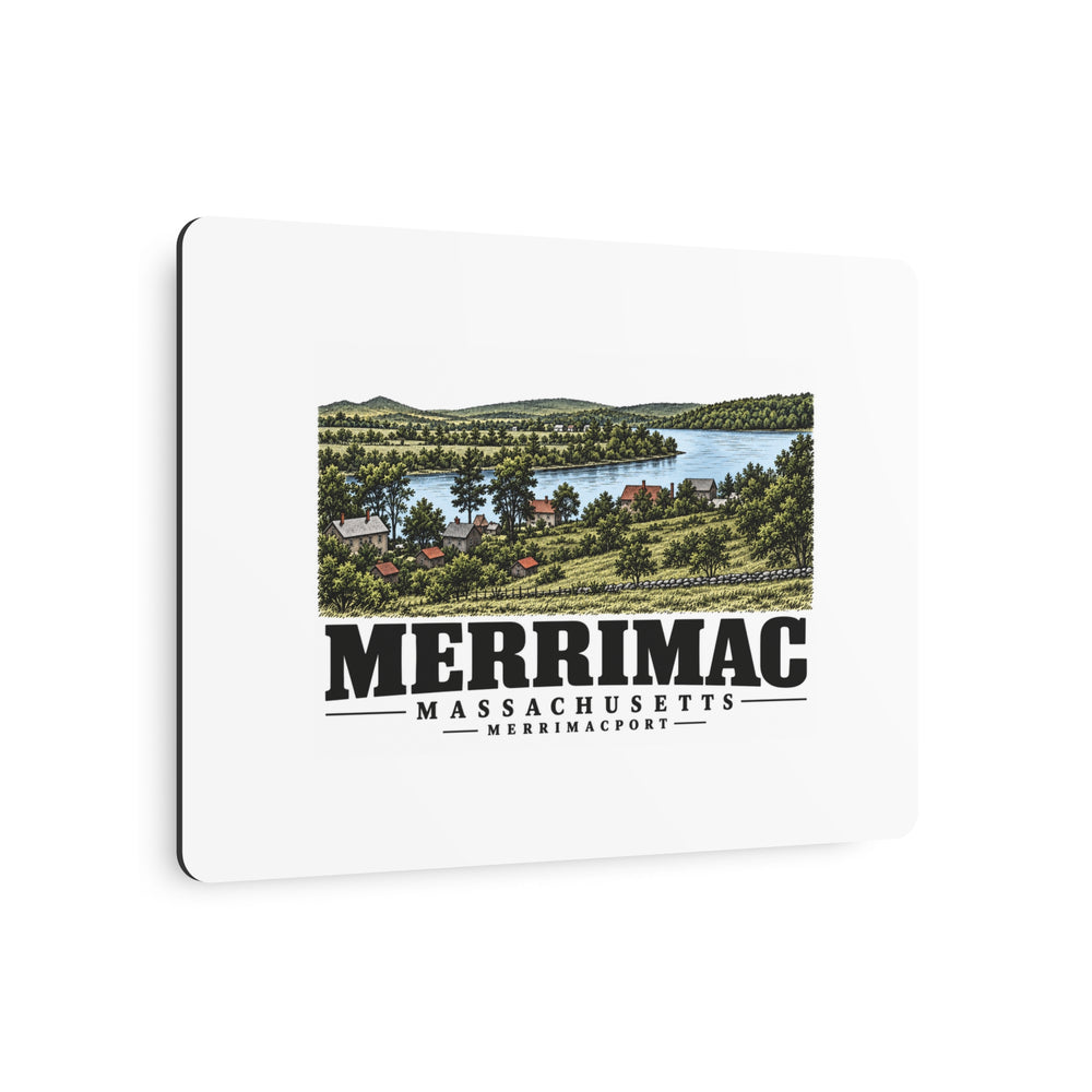 Angled front of Merrimack River from Noyes Hill metal wall art, with Merrimac, Massachusetts artwork and lettering.