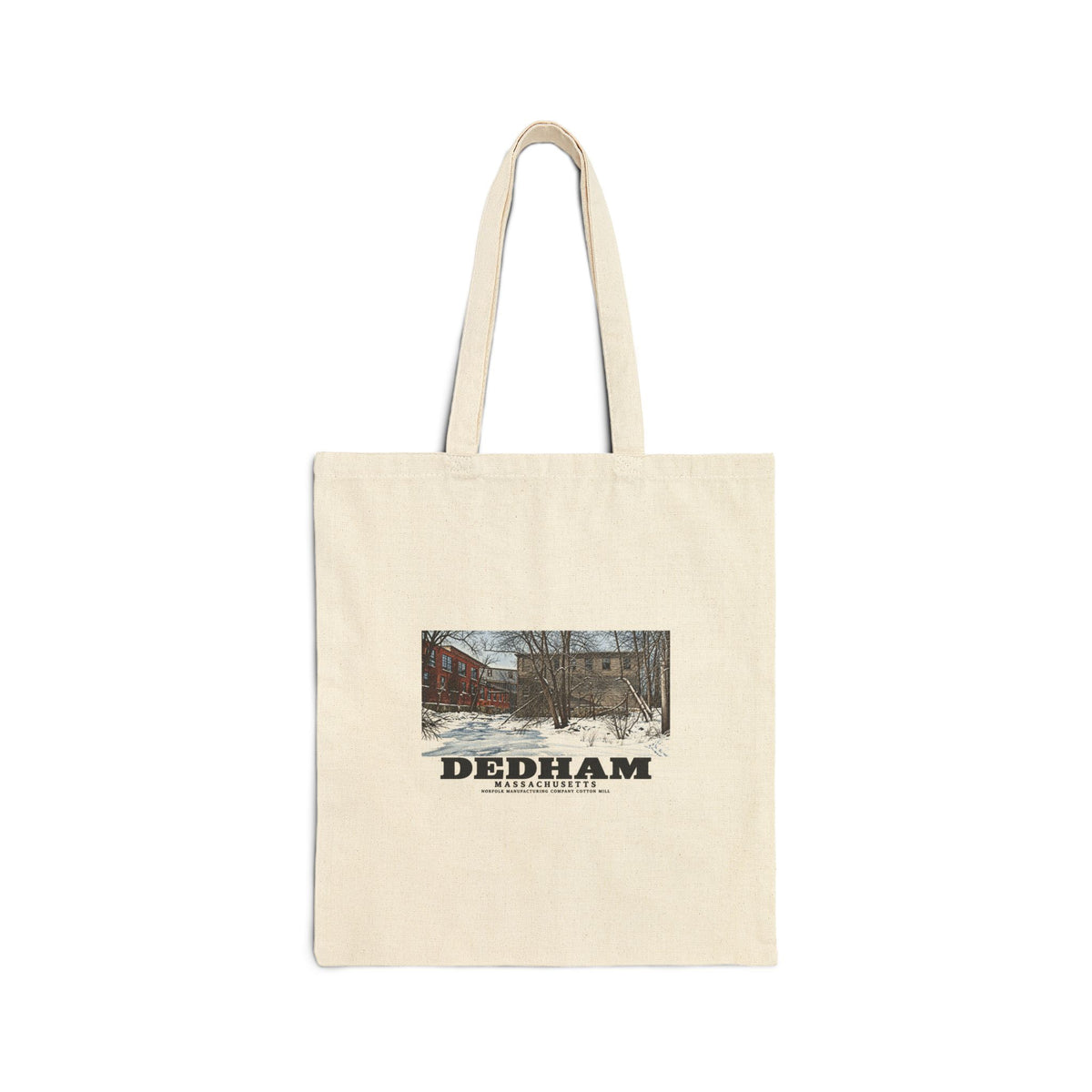 Illustrated Norfolk Manufacturing Company Cotton Mill in Dedham on cotton canvas tote — natural canvas