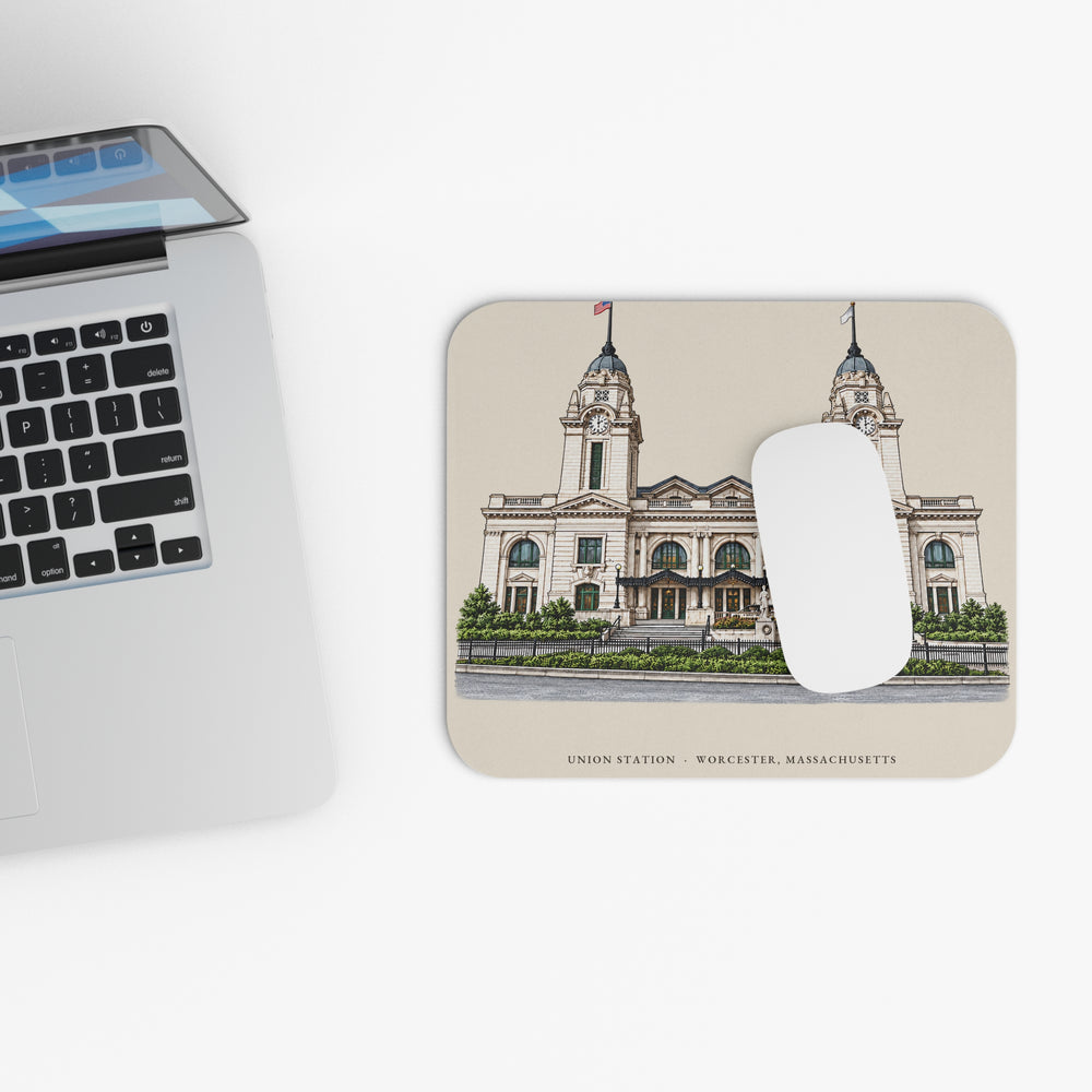 Worcester Union Station mouse pad mockup showing the full illustrated print