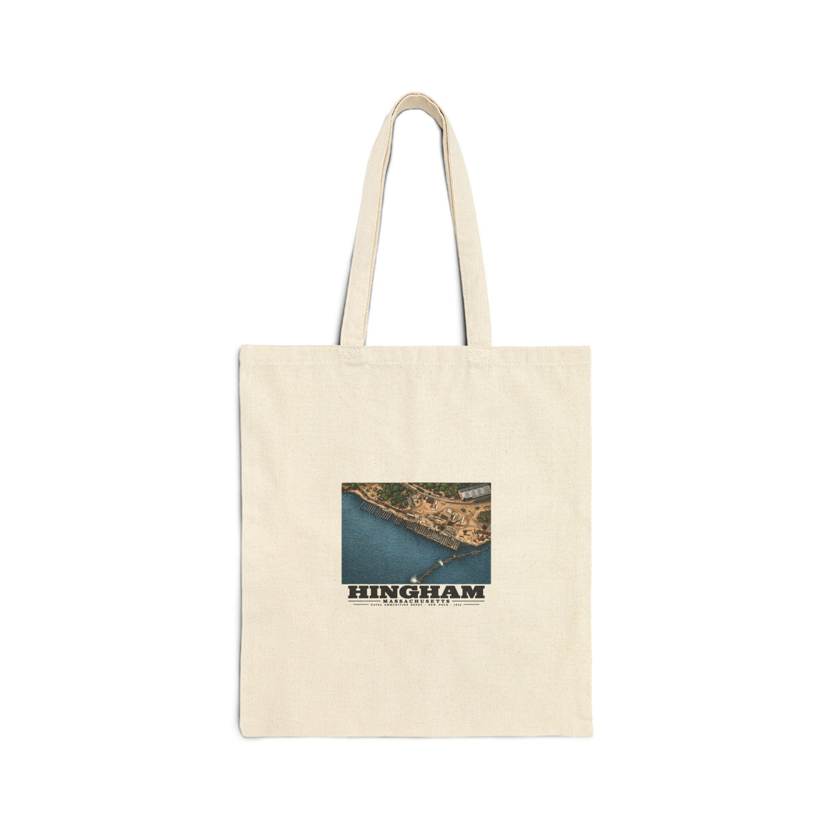 Construction of New Dock at Old USNAD Hingham, MA Natural Heavy Canvas Tote - Boston Harbor