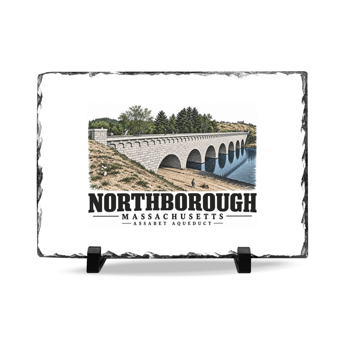 Illustrated Assabet Aqueduct in Northborough on slate desk plaque