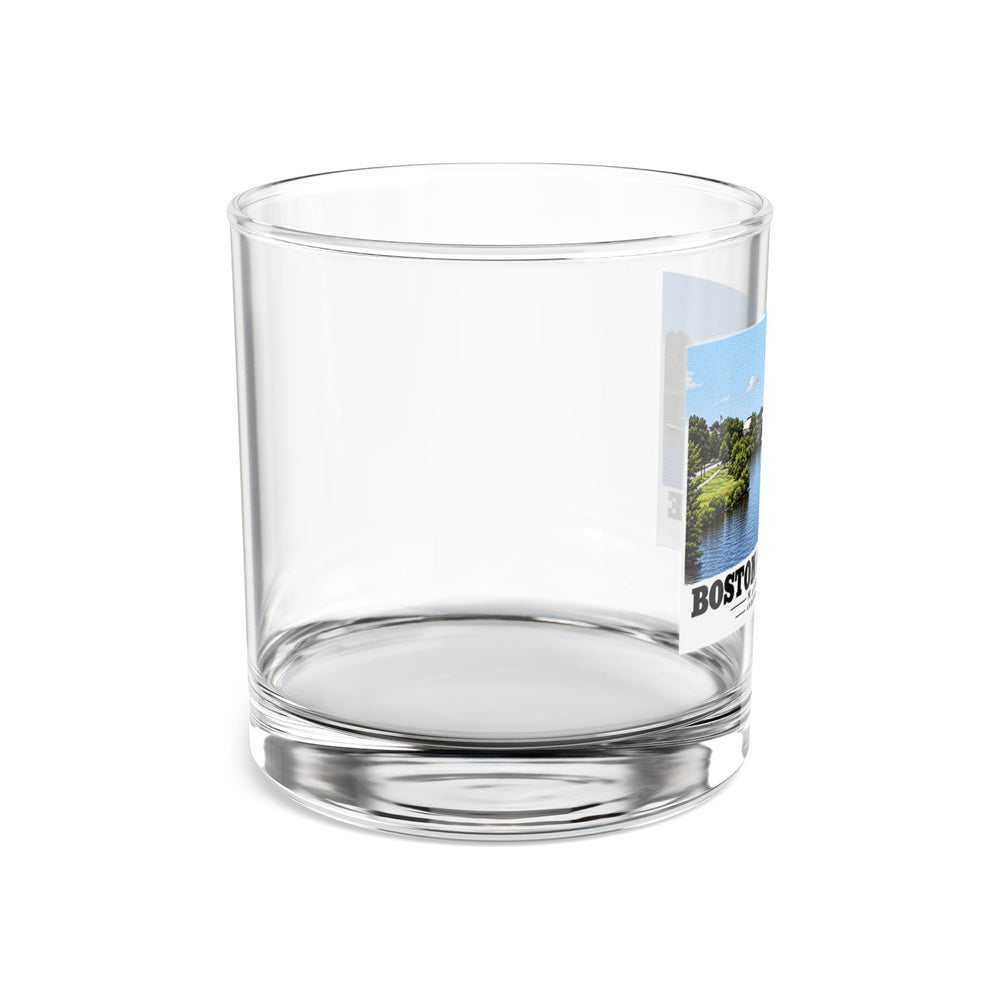Side view of clear rocks glass with mostly unprinted surface and part of Anderson Memorial Bridge distant river view print at right