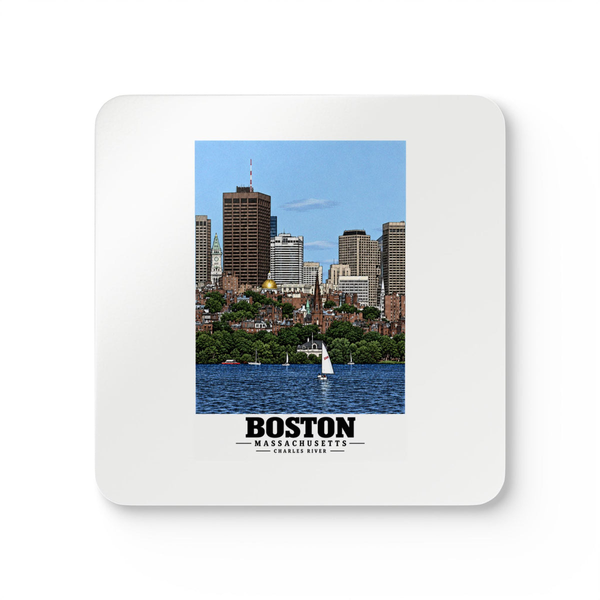 Illustrated View of Boston, Massachusetts, from the Charles River in Boston and Cambridge on corkwood coaster set