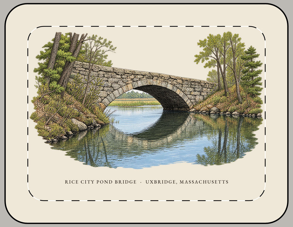 Uxbridge Rice City Pond Bridge 15-inch laptop sleeve mockup showing the full illustrated print