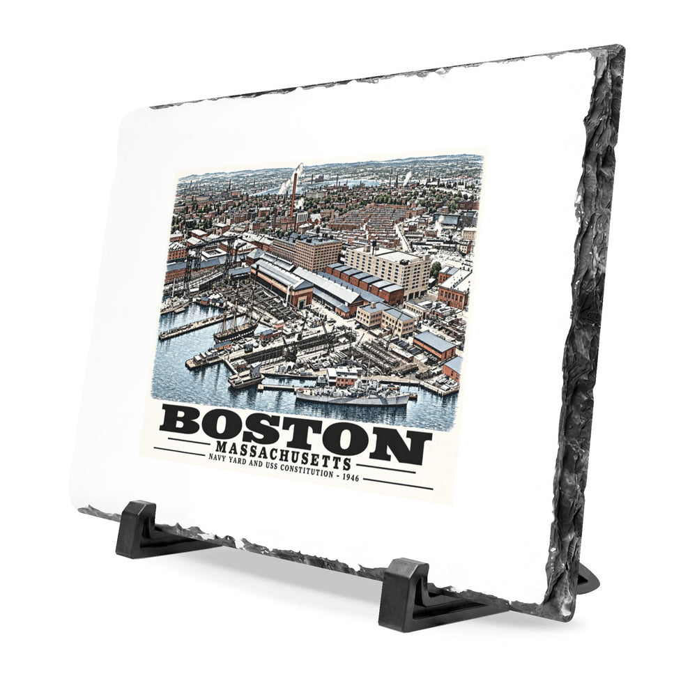 Illustrated Dry Dock 5 and Constitution Pier in Charlestown on slate desk plaque
