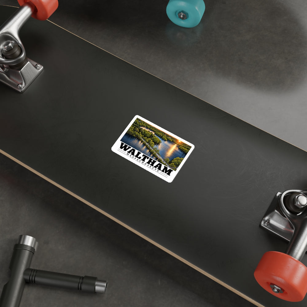 Illustrated Forest Grove Road Causeway in Waltham on die-cut sticker