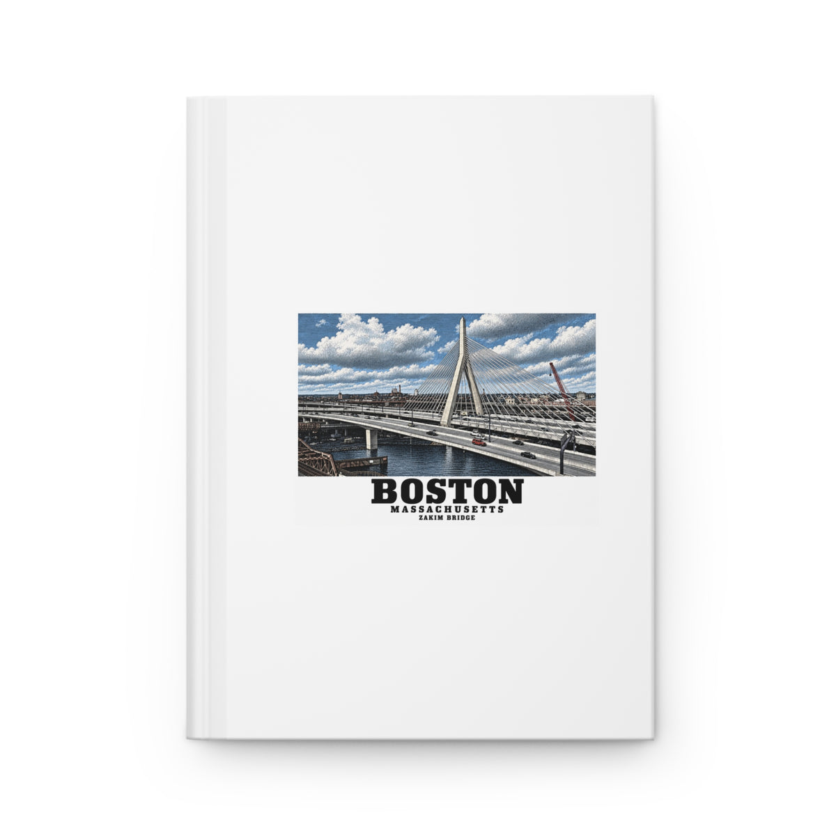 White hardcover journal with Zakim Bunker Hill Bridge cable-stayed towers and Charles River artwork and Boston lettering
