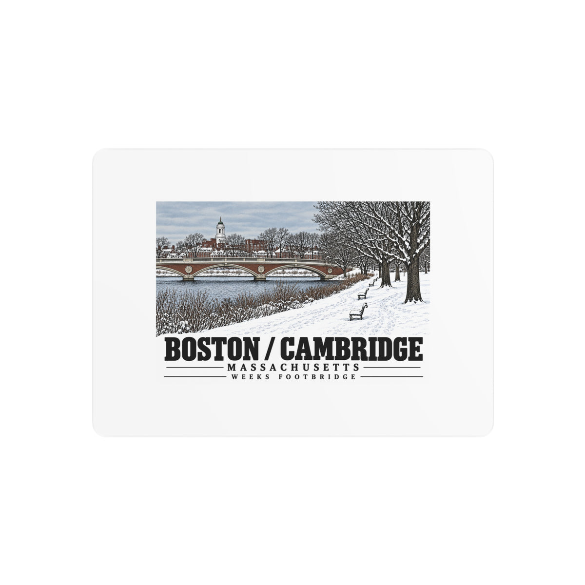 Metal wall print showing Weeks Footbridge winter riverbank view with snow and benches artwork and Boston/Cambridge lettering