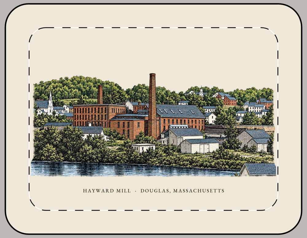 Douglas Hayward Mill 15-inch laptop sleeve mockup showing the full illustrated print