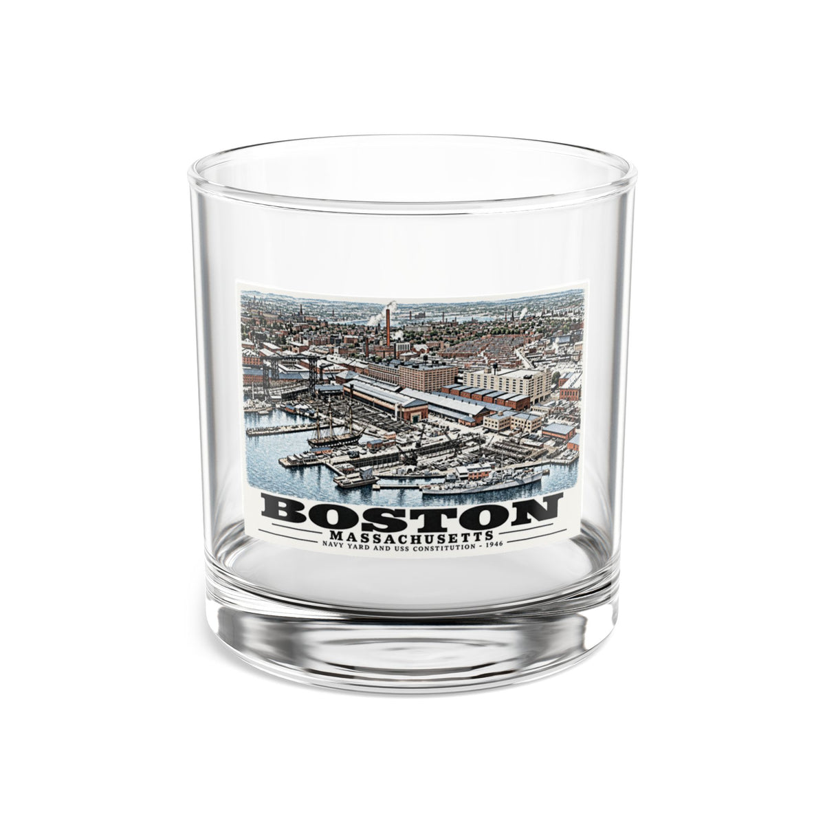 Illustrated Dry Dock 5 and Constitution Pier in Charlestown on rocks glass