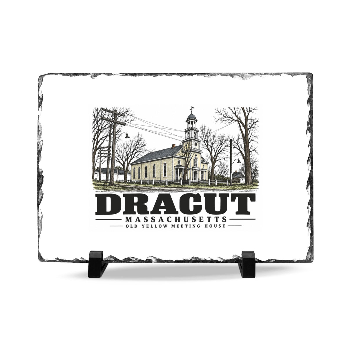 Illustrated Old Yellow Meeting House in Dracut on slate desk plaque