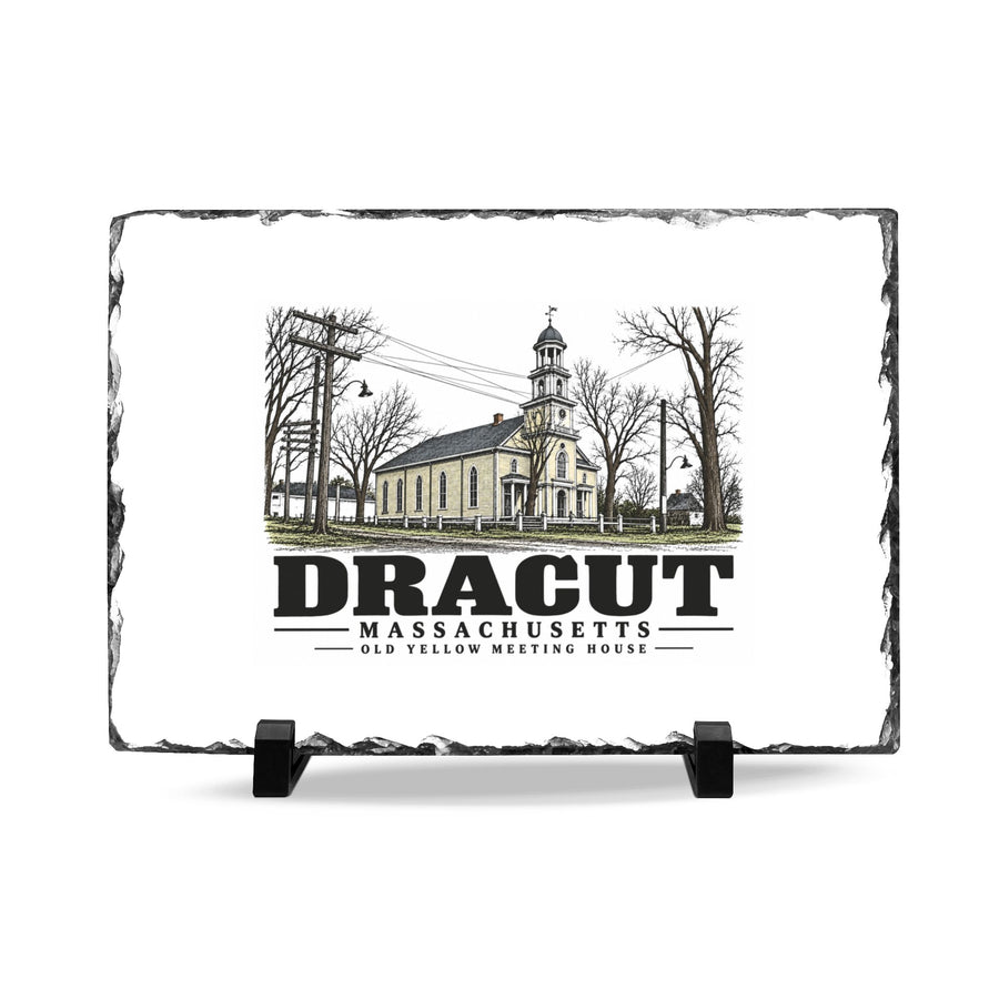 Illustrated Old Yellow Meeting House in Dracut on slate desk plaque