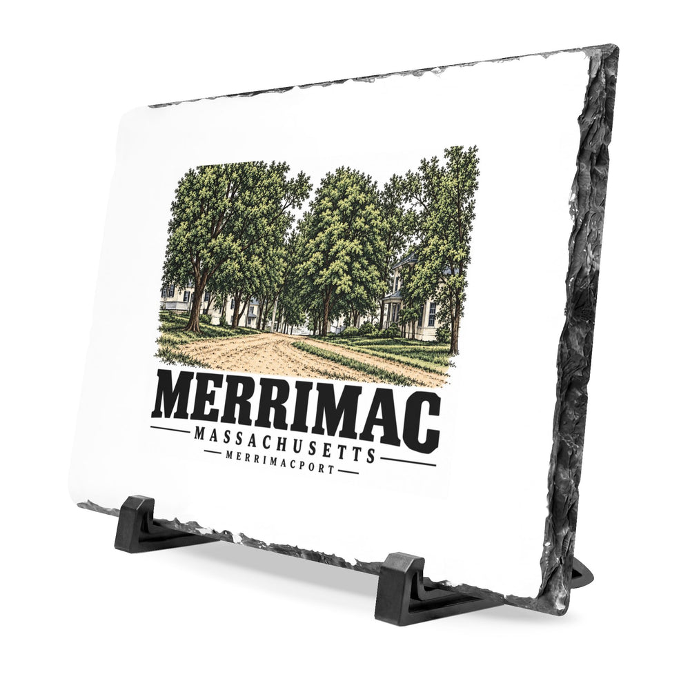 Angled front on display stands of Merrimac Street slate desk plaque, with Merrimac, Massachusetts artwork and lettering.