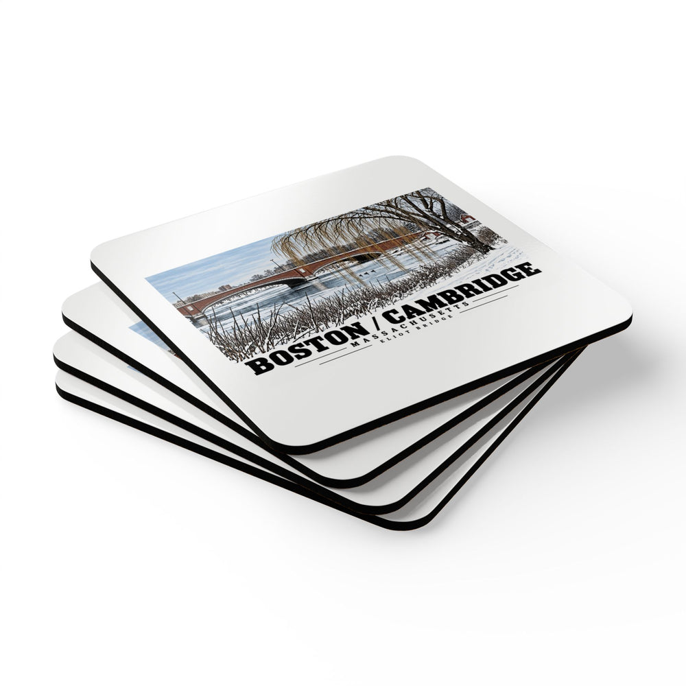Stack of square coasters with Eliot Bridge winter river view with snow and bare trees artwork visible on the top coaster