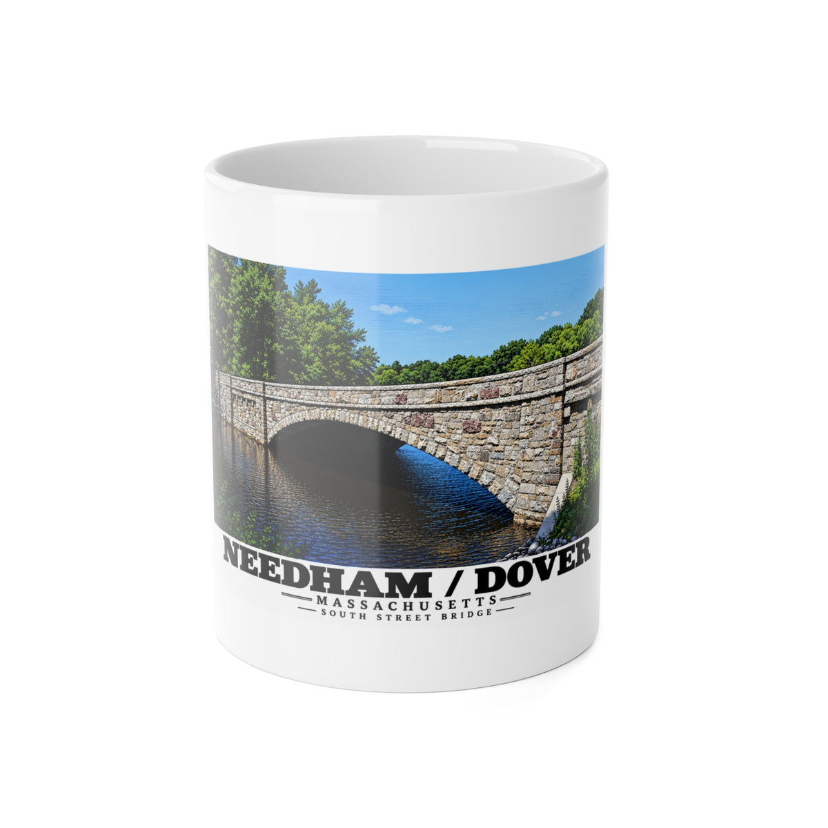 White mug showing South Street Bridge stone arch and river artwork and Needham/Dover lettering