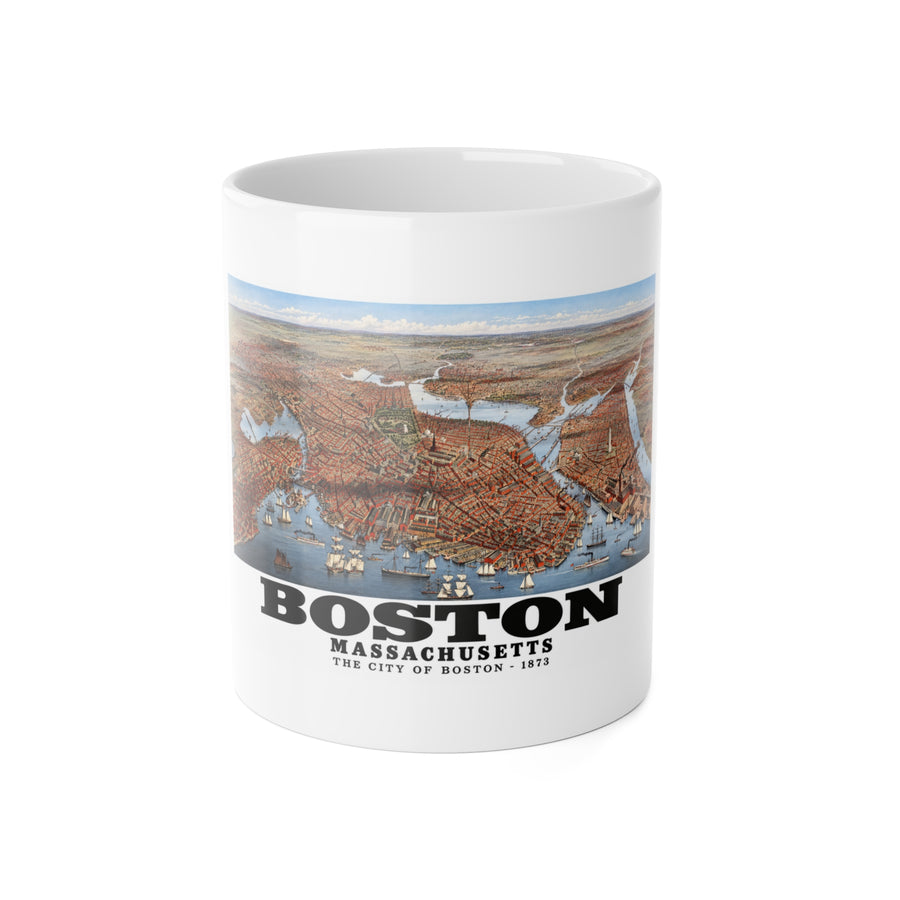 White mug showing historic Boston city and waterways bird-eye panorama artwork and Boston lettering