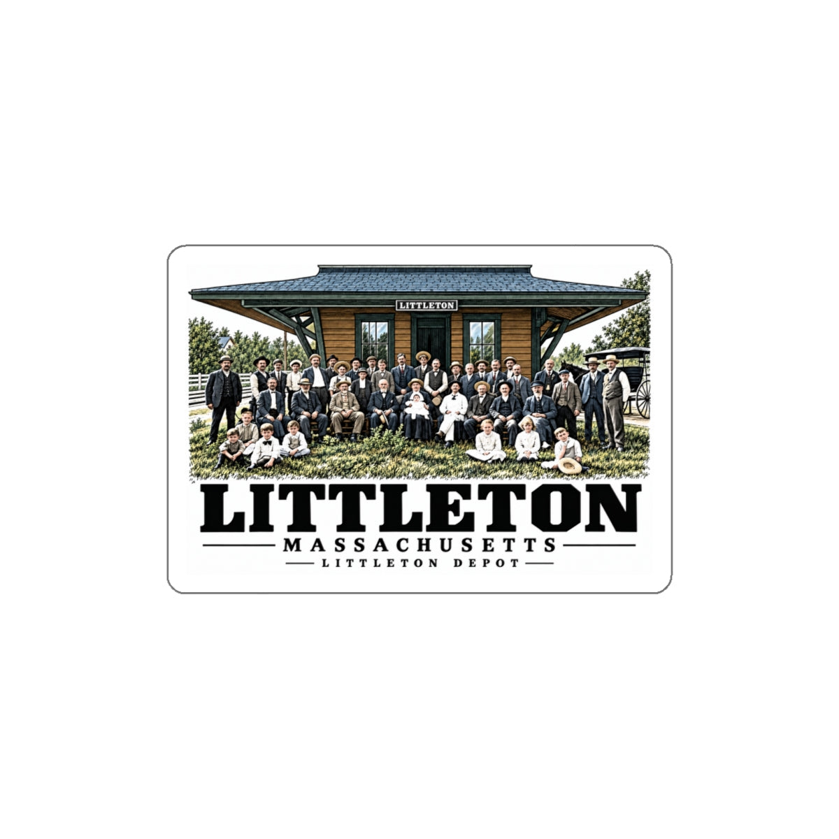Illustrated Littleton Depot in Littleton on die-cut sticker