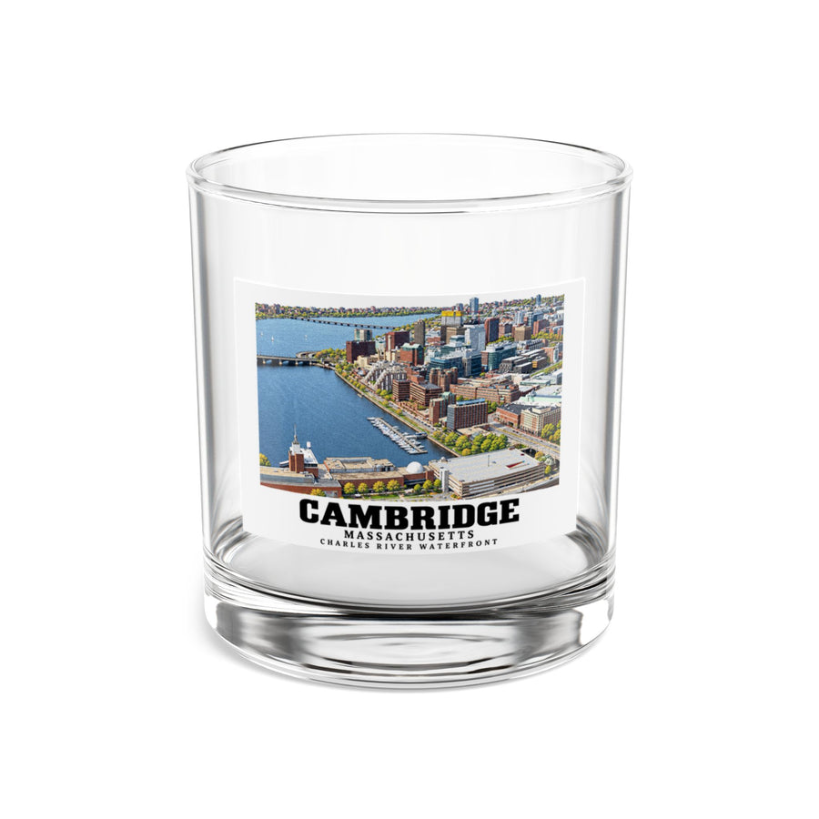 Clear rocks glass showing Cambridge Charles River waterfront aerial city view artwork and Cambridge lettering