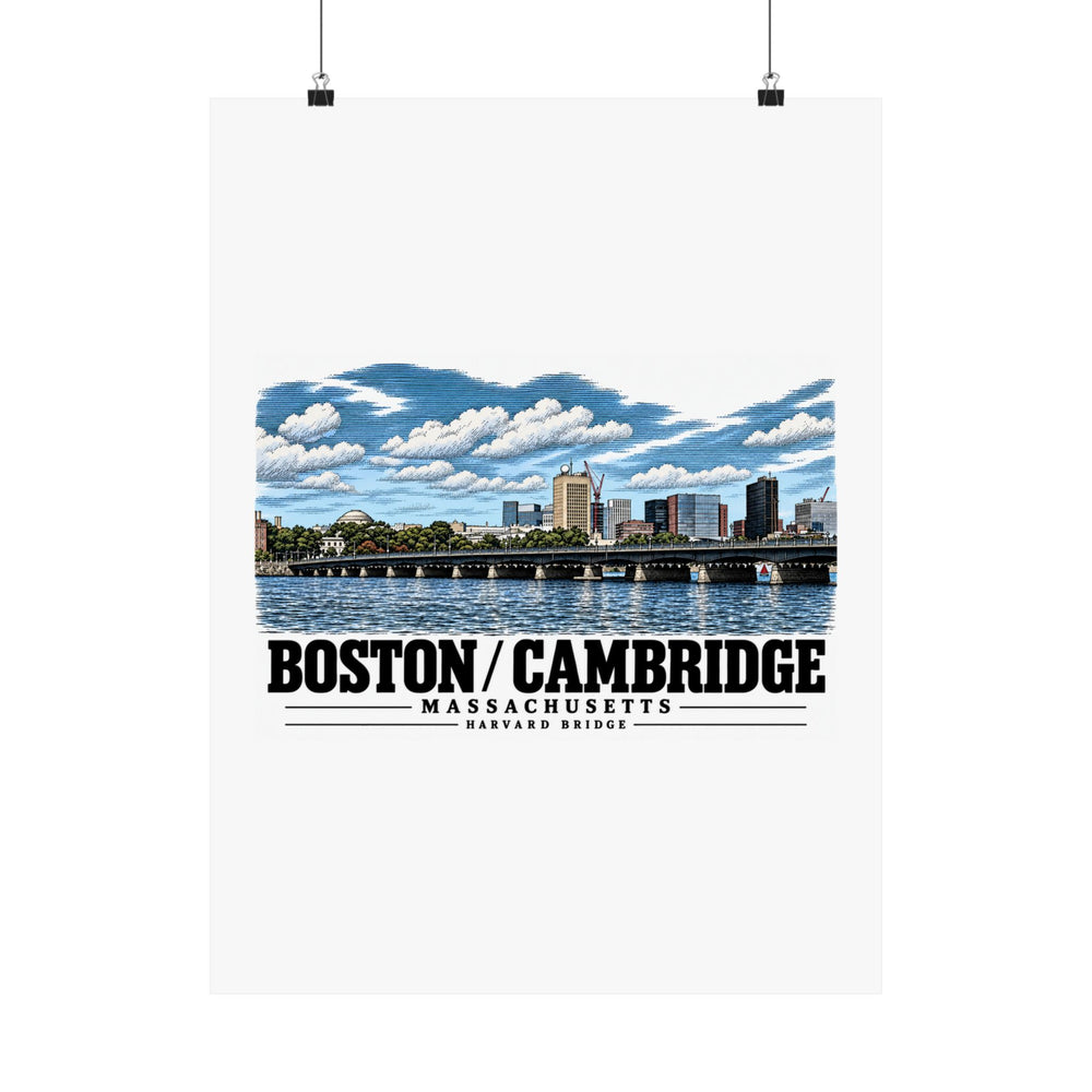 Harvard Bridge river and skyline view poster with Boston/Cambridge lettering hanging from two binder clips